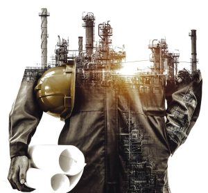 Gravura onde tem da cintura para baixo a imagem de um homem e a parte superior uma fabrica de automação