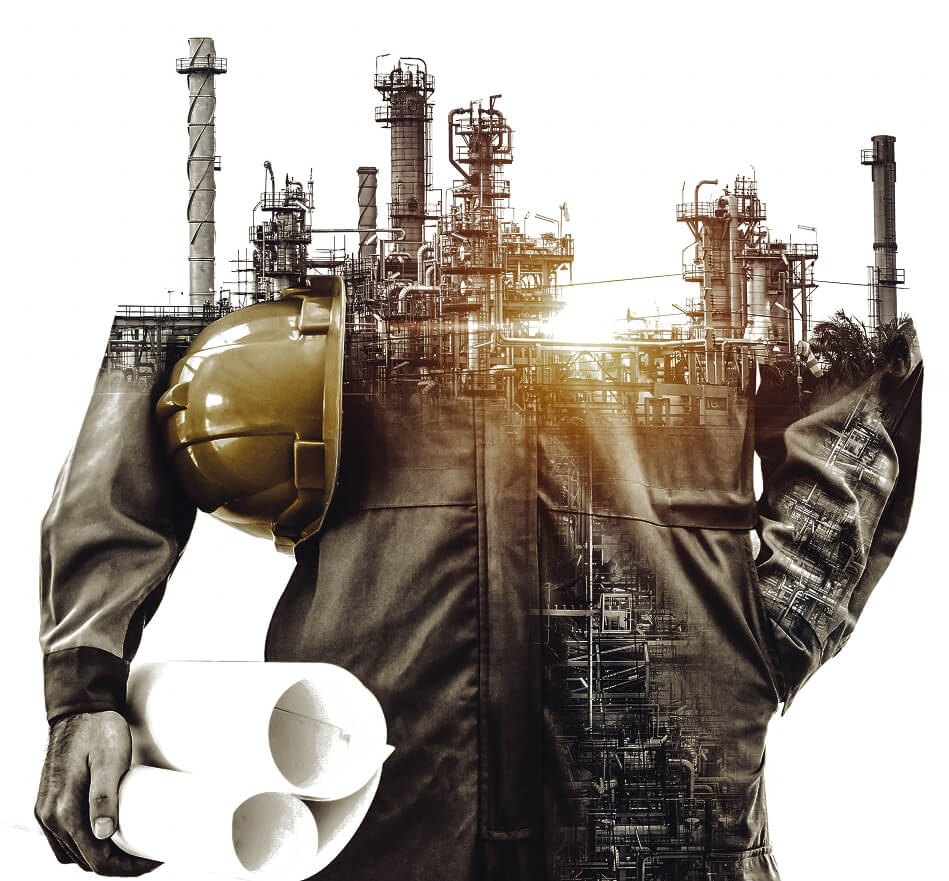 Gravura onde tem da cintura para baixo a imagem de um homem e a parte superior uma fabrica de automação